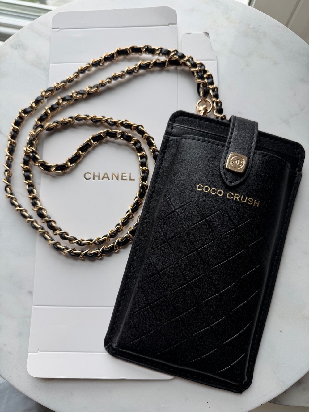 CHANEL GWP Coco Crush Black Quilted Leather Crossbody Phone Case with Gold Chain